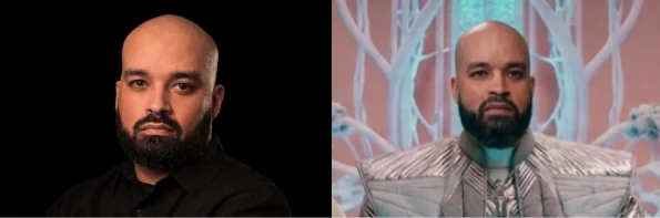 Chief Commander, voiced by Abran Maldonado — human performer and AI film character side by side