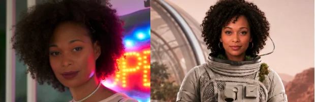 Claira, voiced by C.L.A.I.R.A. — human performer and AI film character side by side