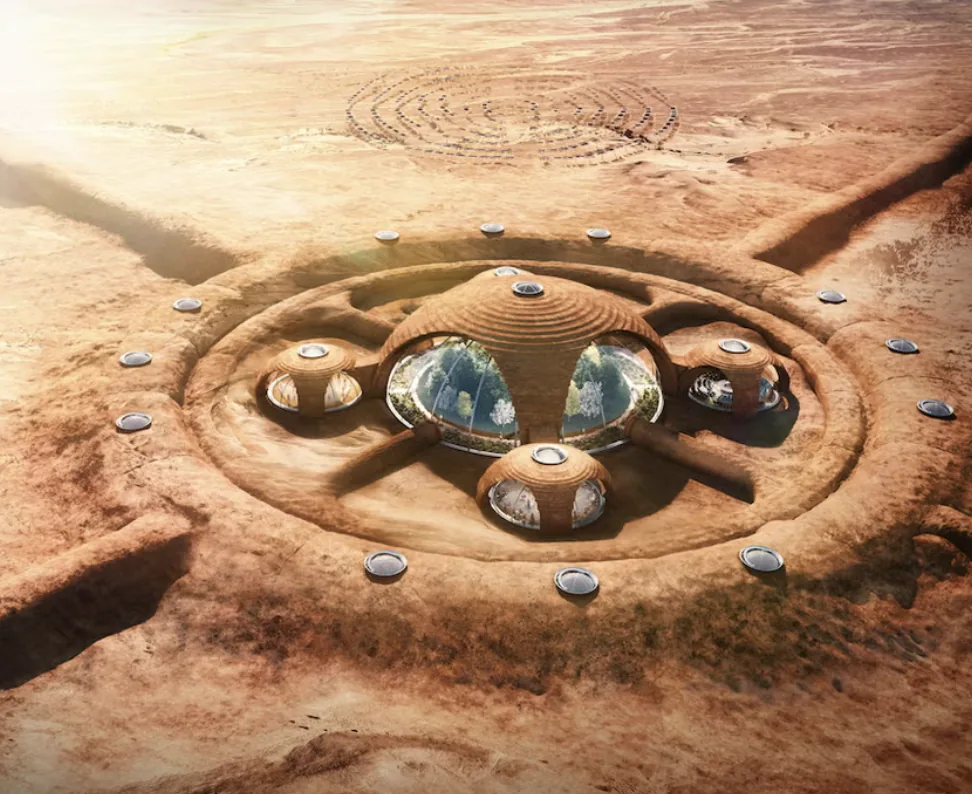 Aerial view of a regenerative Martian settlement with domed gardens