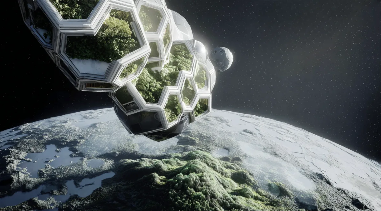 Hexagonal orbital fleet powered by integrated clean energy systems