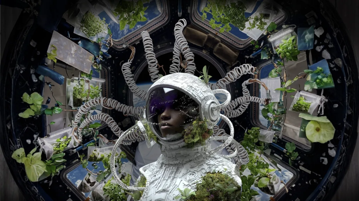 Biophilic spacesuit sculpture integrated with living flora
